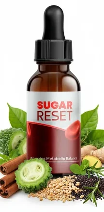 SugarReset blood sugar support drops, a 2 fl oz dropper bottle photographed with fresh botanical props
