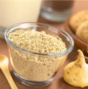 Maca (Lepidium meyenii) root and milled maca powder in a glass bowl