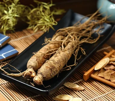Panax ginseng roots on a serving tray with dried ginseng slices